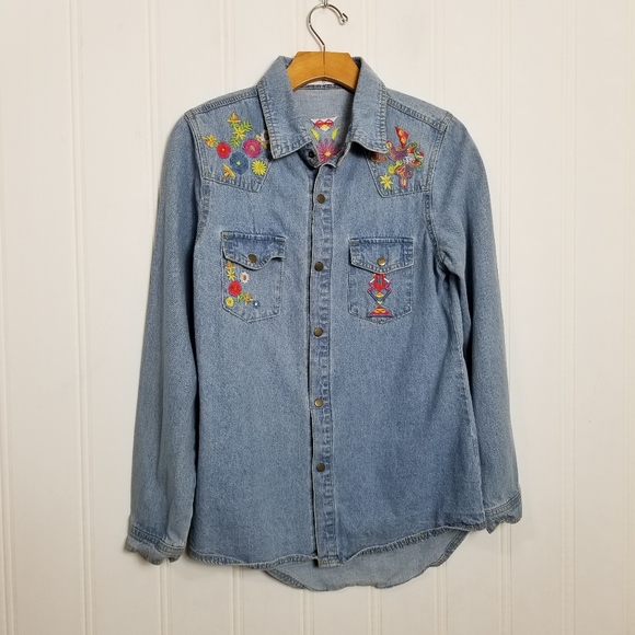 Free People Home Made Denim Shirt Wunderlust Embroidered Sz L - Picture 2 of 15